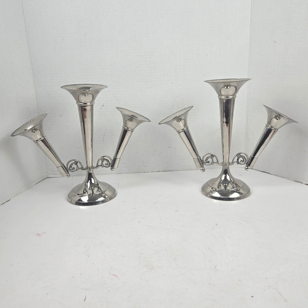 Vintage Silver-plated 3-Arm Trumpet Epergne Beaded Edge Vases 9.5x11" Lot of 2